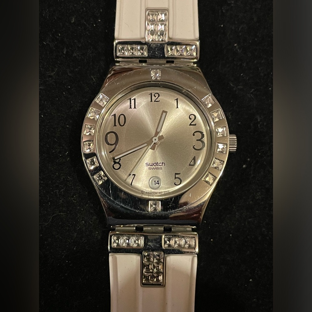 Swatch ladies watch crystals, SS finish, silicone band, Swiss made